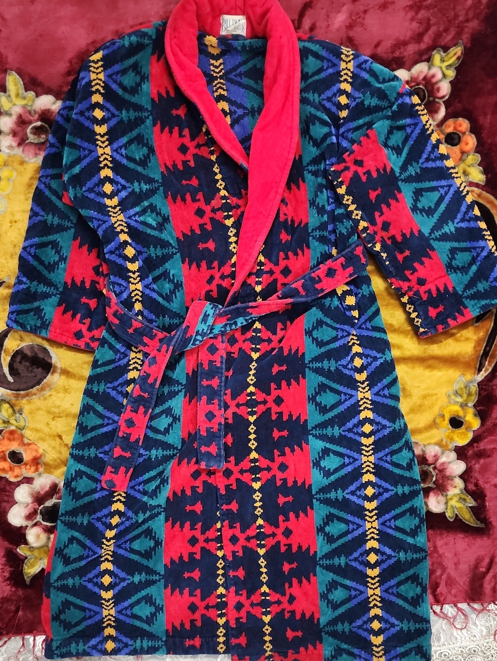 Vintage Bill blass Aztec Print Thick Terry Cloth Robe in Red, Blue & Green